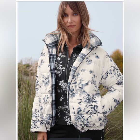 Johnny Was Ivory Dreamer Reversible Puffer Jacket Cream and Black XL NWT - Picture 1 of 13